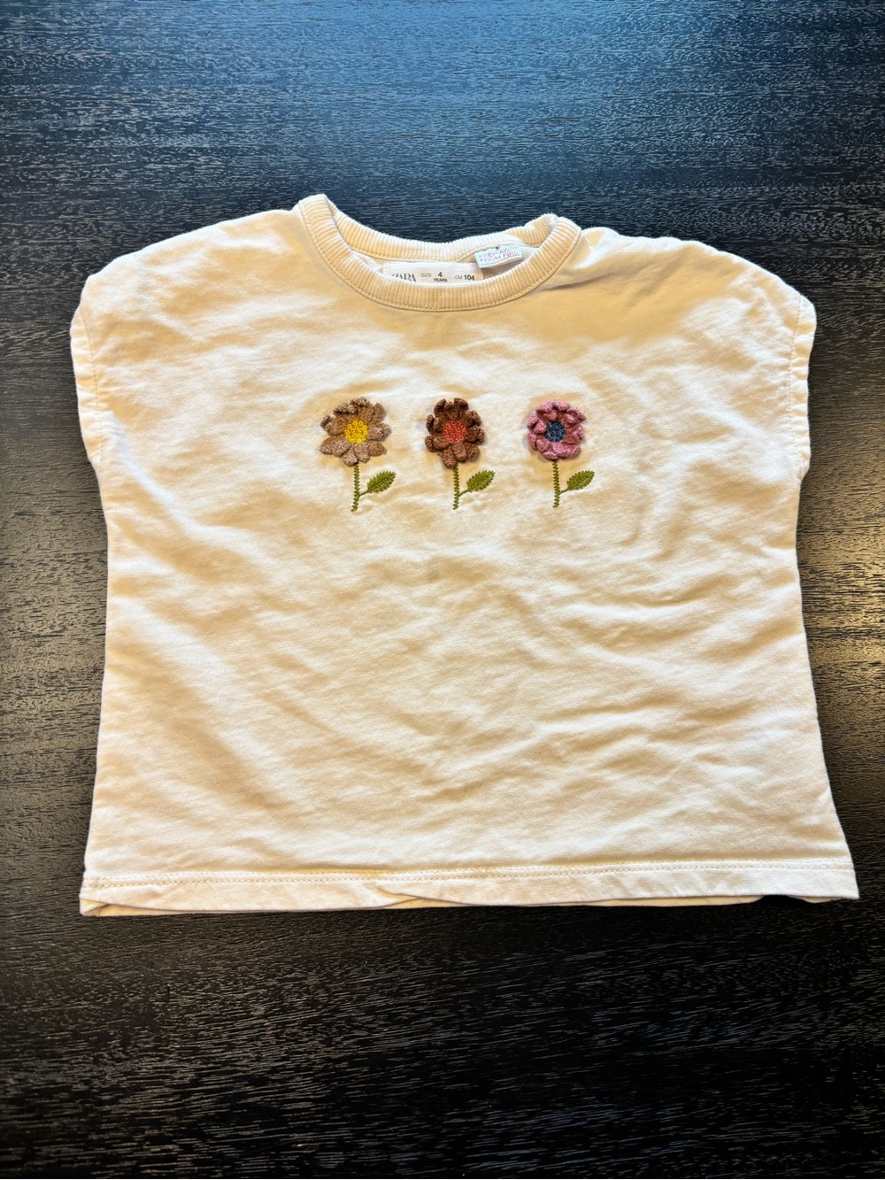 Zara Cream Short Sleeve Tee with Embroidered Brown, Orange, and Pink Flowers